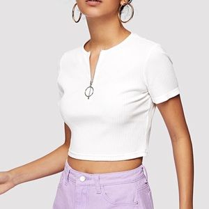 O-Ring Zip Up Rib Knit Crop Tee!